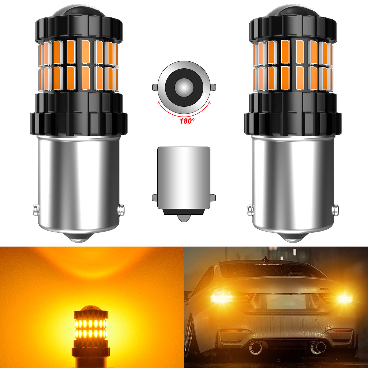 Lot 2 Ampoules LED Canbus Katur 1156 45 SMD Blanc/Jaune – Feux Recul & Clignotant
