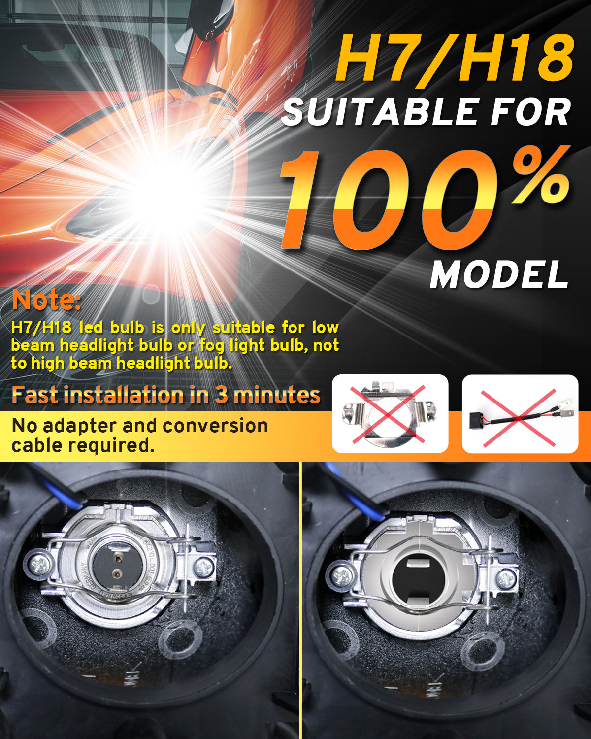 Katur H7 LED Headlight Bulbs 55W 12000LM Fanless 6500K Xenon White Low Beam Headlight Conversion Kit Fog Light