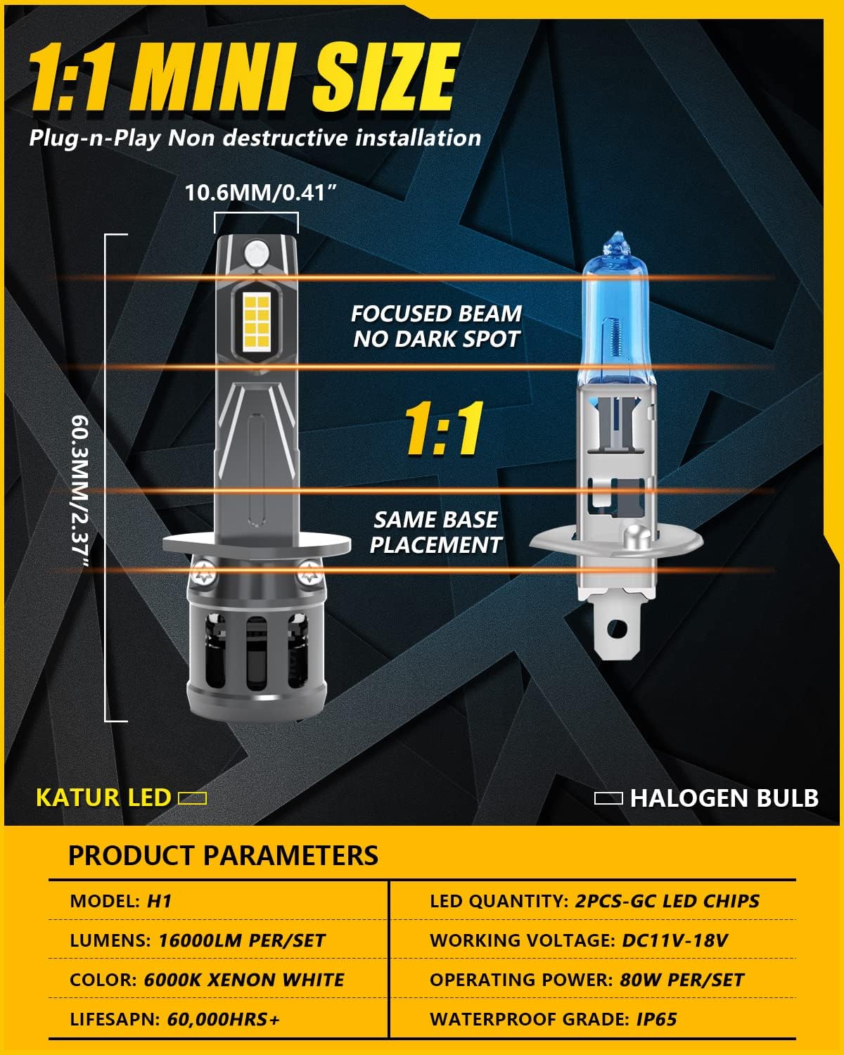 KATUR H1 LED Headlight Bulbs, 400% Brightness 16000LM 6000K Xenon White 1:1 Mini Size All-in-One Conversion Kit Plug and Play H1 LED Fog Light Bulbs, Pack of 2