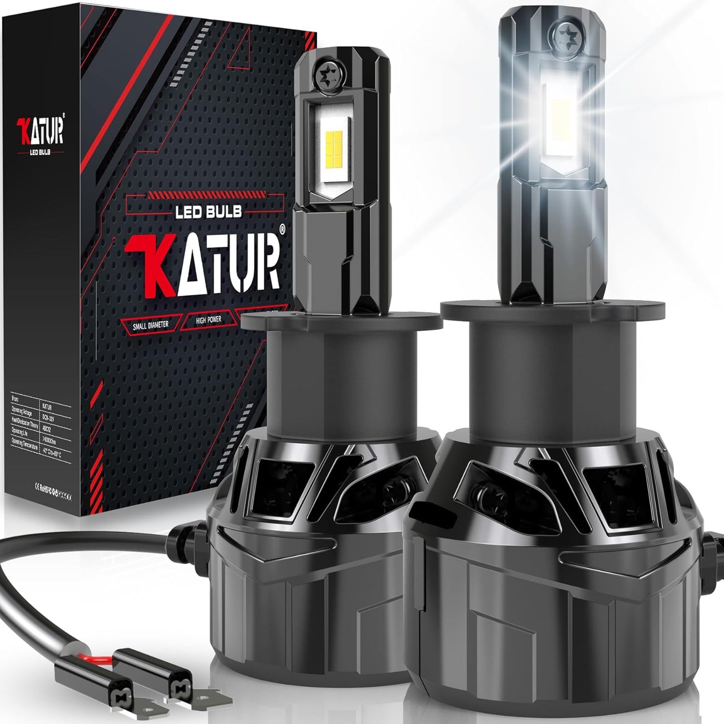 KATUR H3 LED Headlight Bulb 120W 30000LM, 700% Brightness H3 LED Bulb 6000K Xenon White Plug and Play 1:1 Mini Size High Efficiency Cooling System Canbus H3 Headlight Bulbs, Pack of 2