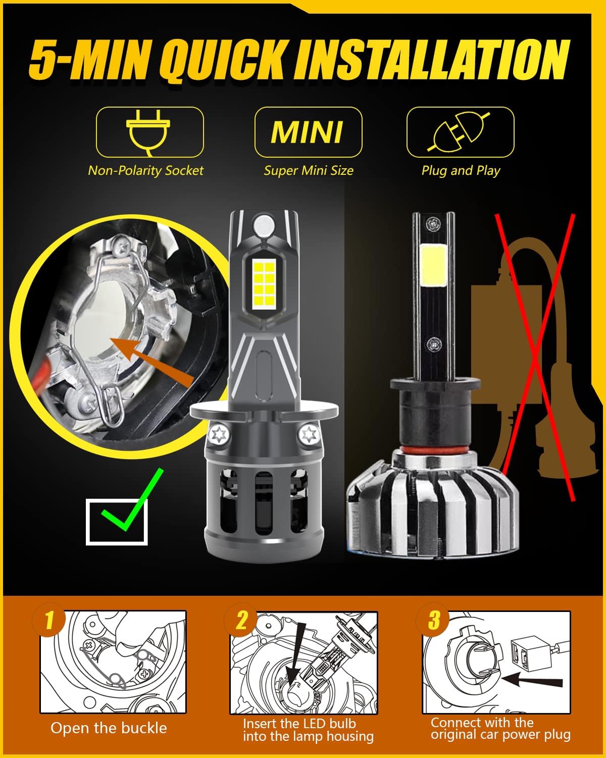 KATUR H3 LED Auto Scheinwerfer Birnen Mini Größe Umbau Kit Plug and Play H3 LED Auto Glühbirnen