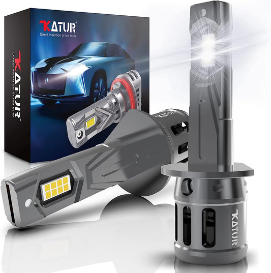 KATUR H1 LED Headlight Bulbs, 400% Brightness 16000LM 6000K Xenon White 1:1 Mini Size All-in-One Conversion Kit Plug and Play H1 LED Fog Light Bulbs, Pack of 2