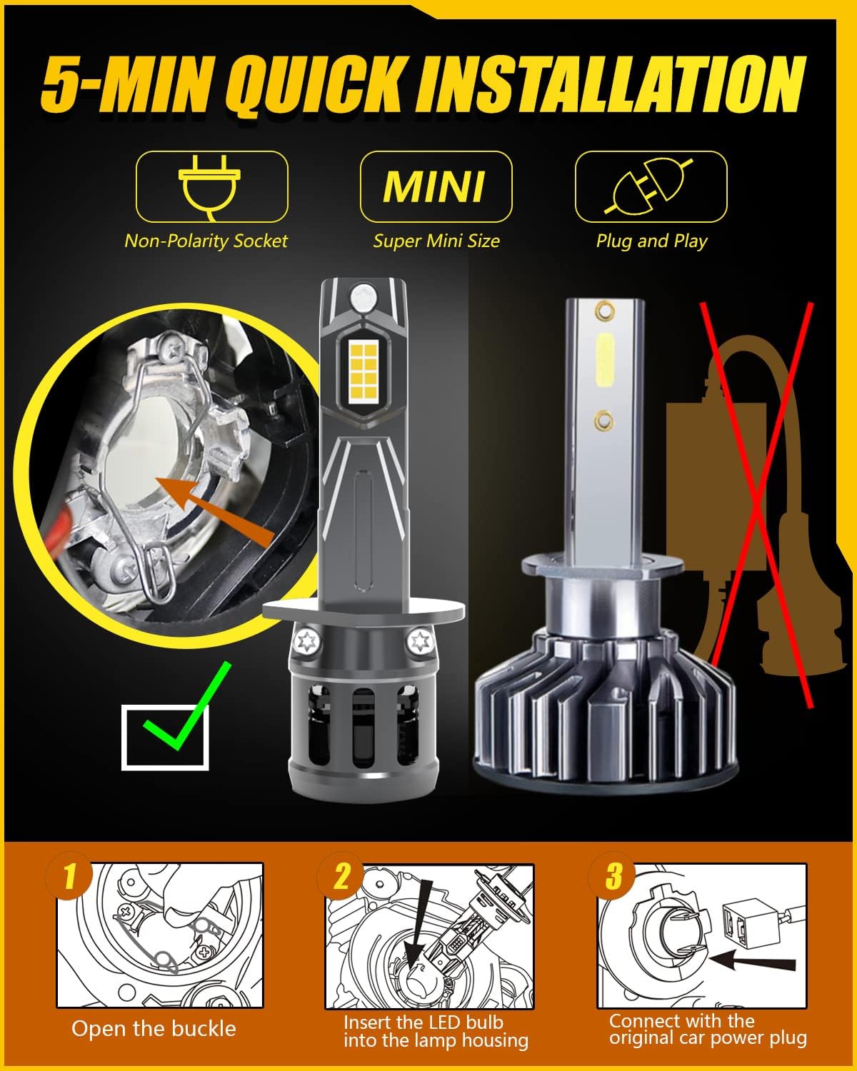 KATUR H1 LED Headlight Bulbs, 400% Brightness 16000LM 6000K Xenon White 1:1 Mini Size All-in-One Conversion Kit Plug and Play H1 LED Fog Light Bulbs, Pack of 2
