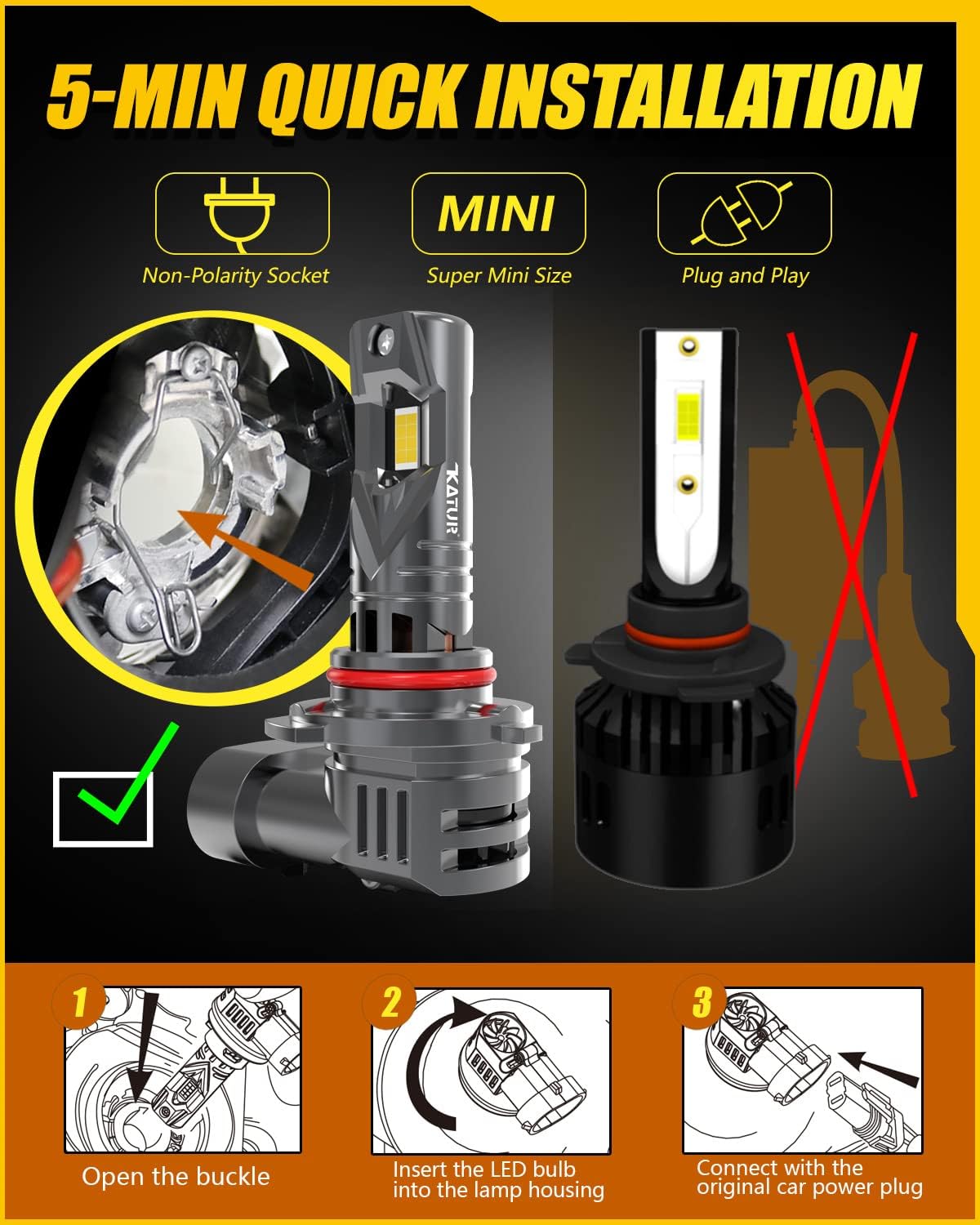 KATUR 9005 Car LED Headlight Bulbs 20000LM 6000K Xenon White 1:1 Mini Size All-in-One Conversion Kit Plug and Play HB3 LED Fog Light Bulb, Pack of 2