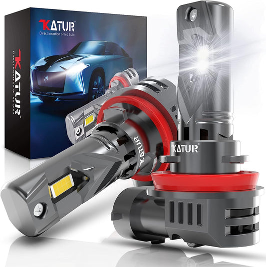 KATUR H11 LED Headlight Bulbs 20000LM 6000K Xenon White 1:1 Mini Size All-in-One Conversion Kit Plug and Play H9 H8 LED Fog Light Bulb, Pack of 2