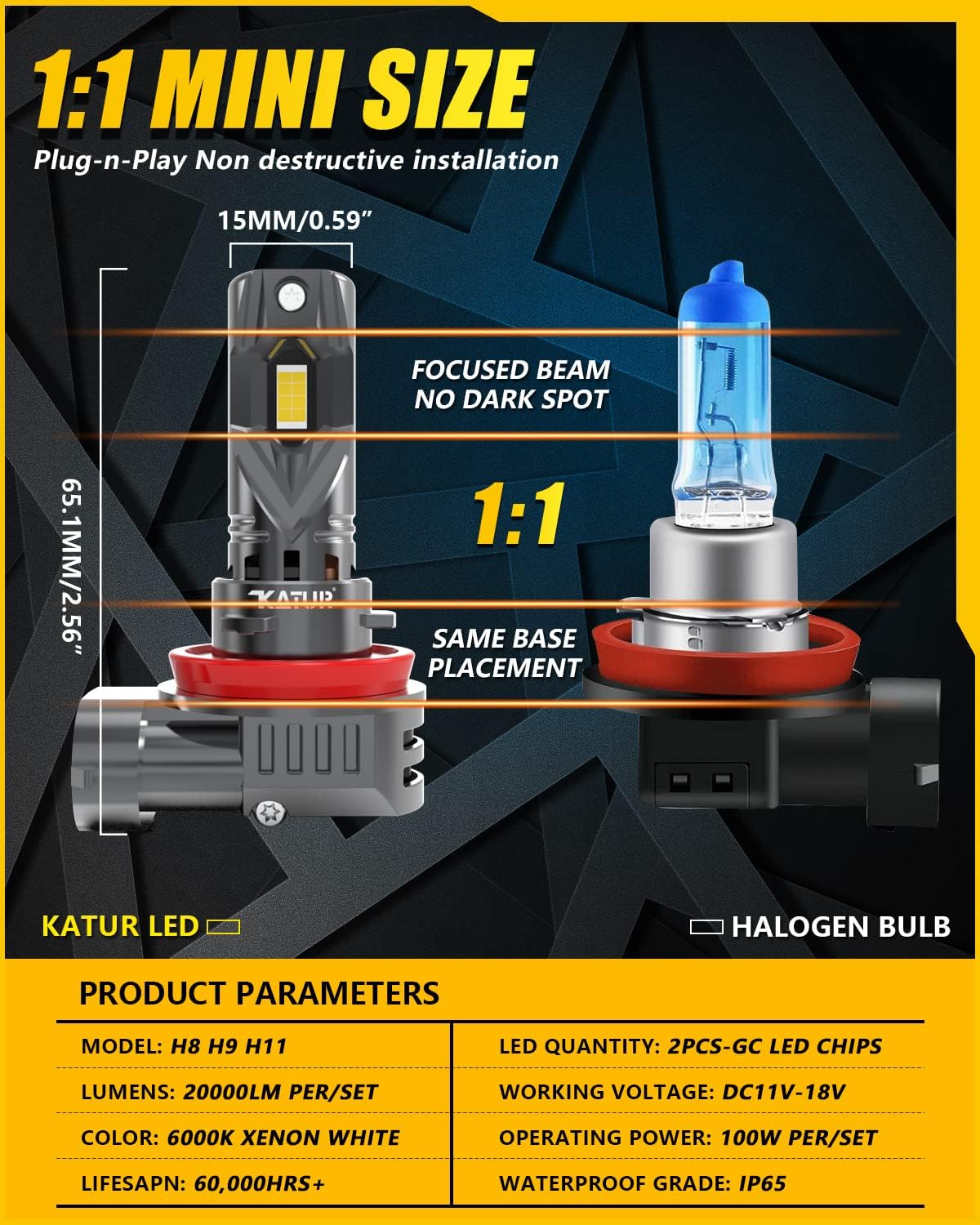KATUR H11 LED Headlight Bulbs 20000LM 6000K Xenon White 1:1 Mini Size All-in-One Conversion Kit Plug and Play H9 H8 LED Fog Light Bulb, Pack of 2