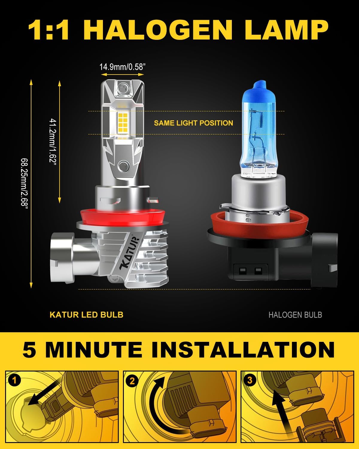 KATUR H11 LED Headlight Bulbs, H8 H9 LED Bulb 16000LM 6000K White 500% Brightness Fanless Waterproof Mini Size Plug and Play Conversion Kit Halogen Replacement, Pack of 2