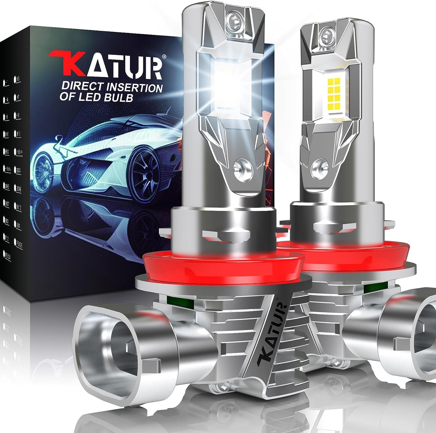 KATUR H11 LED Headlight Bulbs, H8 H9 LED Bulb 16000LM 6000K White 500% Brightness Fanless Waterproof Mini Size Plug and Play Conversion Kit Halogen Replacement, Pack of 2