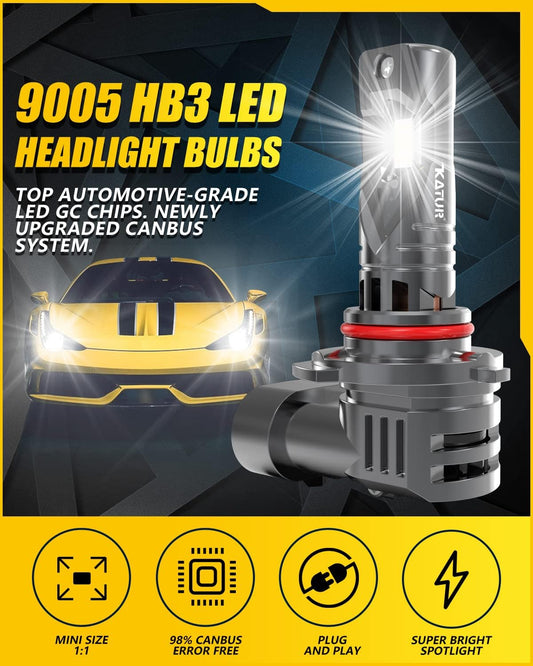 KATUR 9005 Car LED Headlight Bulbs 20000LM 6000K Xenon White 1:1 Mini Size All-in-One Conversion Kit Plug and Play HB3 LED Fog Light Bulb, Pack of 2