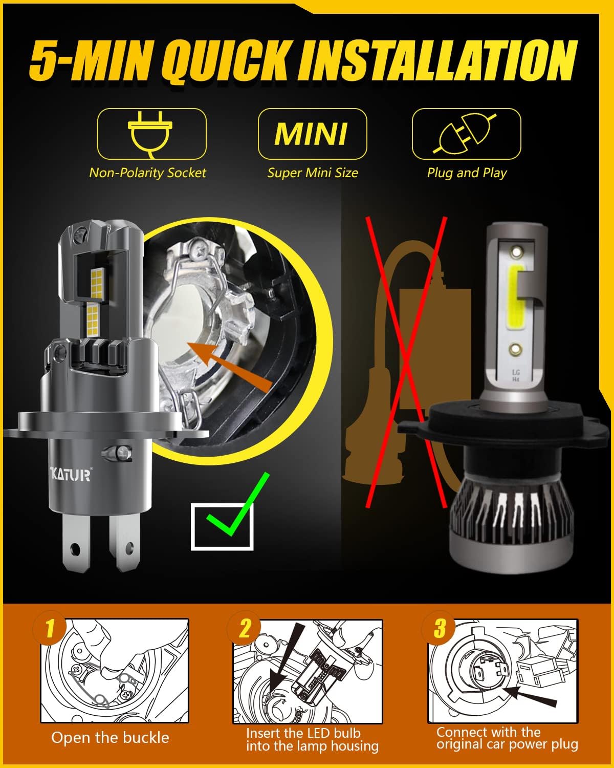 KATUR H4 LED Headlight Bulbs Hi/Lo Beam 18000LM 6000K Xenon White 1:1 Mini Size All-in-One Conversion Kit Non-Polarity Plug and Play 9003 HB2 LED Fog Light Bulb, Pack of 2