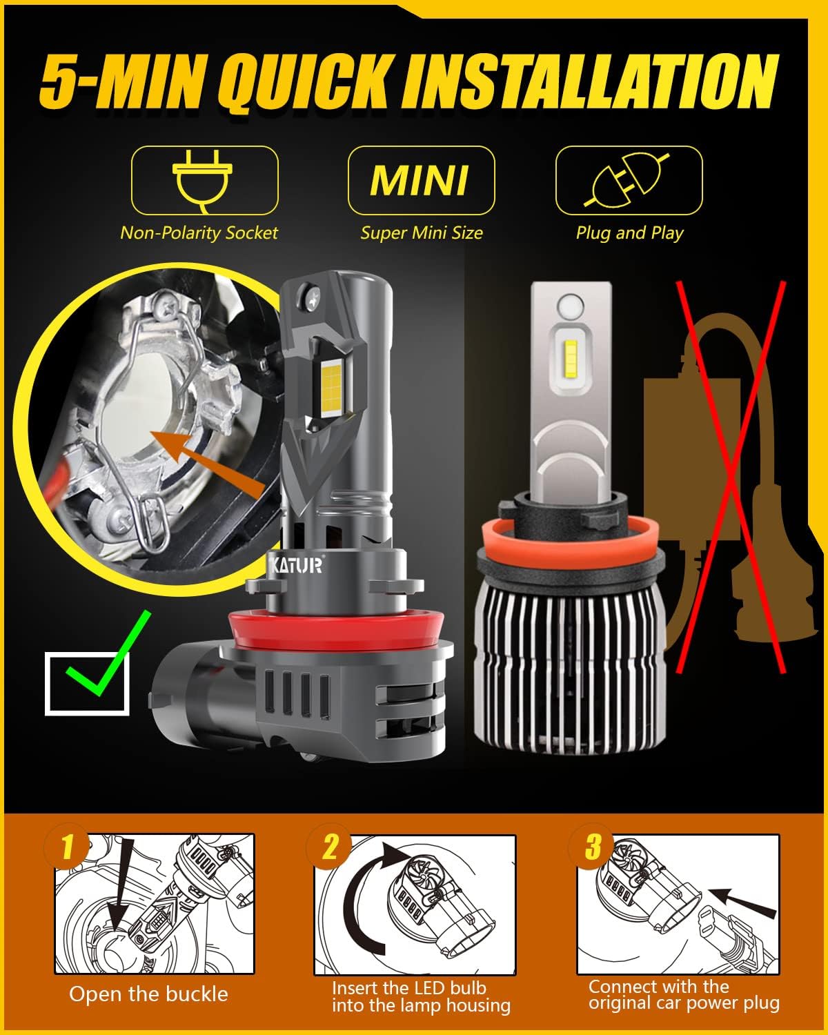 KATUR H11 LED Headlight Bulbs 20000LM 6000K Xenon White 1:1 Mini Size All-in-One Conversion Kit Plug and Play H9 H8 LED Fog Light Bulb, Pack of 2