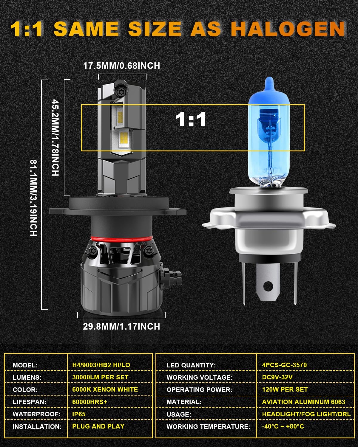 KATUR H4 LED Headlight Bulb 120W 30000LM, 700% Brightness H4 LED Bulb 6000K Xenon White Plug and Play 1:1 Mini Size Efficiency Cooling System Canbus H4 9003 HB2 Hi/Lo Beam Headlight Bulbs, Pack of 2