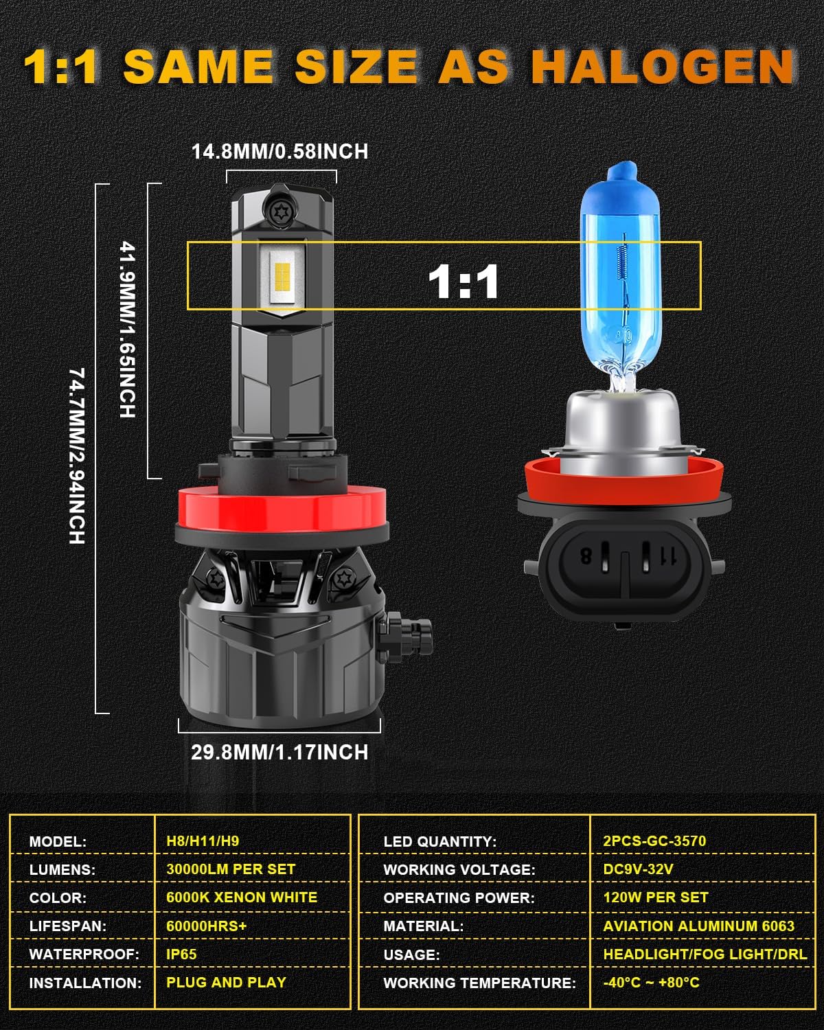 KATUR H11 LED Scheinwerferbirne 120W 30000LM, 700% Helligkeit H8 LED Birne 6000K Xenon Weiß Plug and Play 1:1 Mini Größe High Efficiency Kühlsystem Canbus H11 H9 H8 Scheinwerferbirnen, Satz von 2