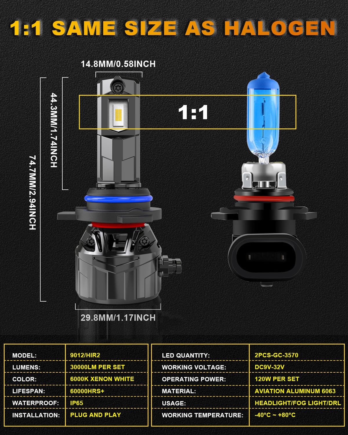 KATUR HIR2 LED Headlight Bulb 120W 30000LM, 700% Brightness 9012 LED Bulb 6000K Xenon White Plug and Play 1:1 Mini Size High Efficiency Cooling System Canbus 9012 HIR2 Headlight Bulbs, Pack of 2
