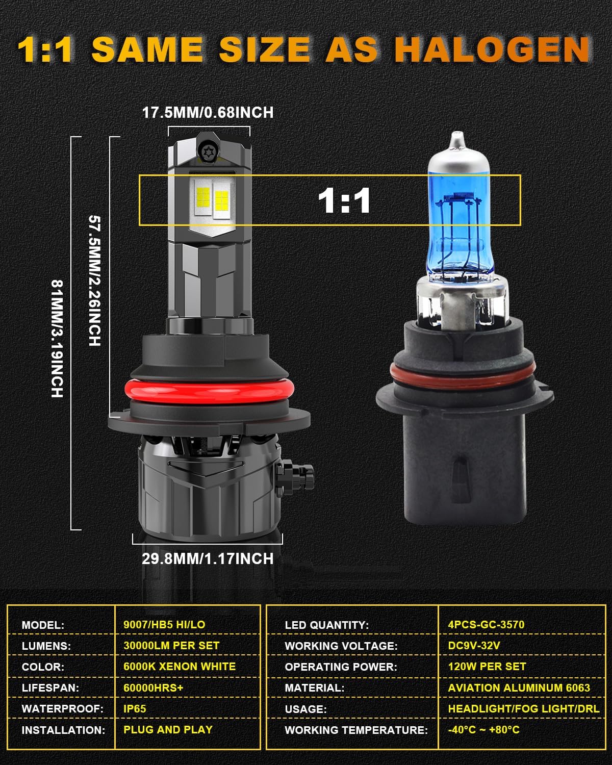 KATUR 9007 LED Headlight Bulb 120W 30000LM, 700% Brightness 9007 LED Bulb 6000K Xenon White Plug and Play 1:1 Mini Size Efficiency Cooling System Canbus 9007 HB5 Hi/Lo Beam Headlight Bulbs, Pack of 2