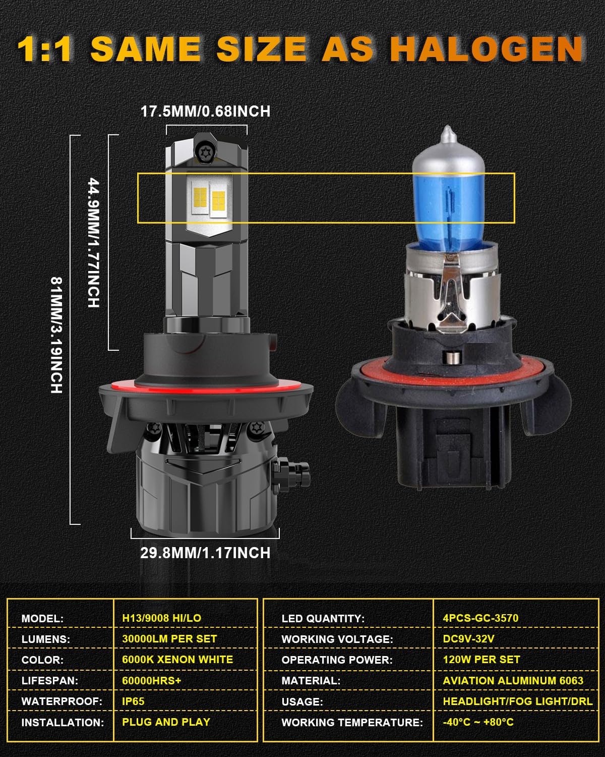 KATUR H13 LED Headlight Bulb 120W 30000LM, 700% Brightness H13 LED Bulb 6000K Xenon White Plug and Play 1:1 Mini Size Efficiency Cooling System Canbus H13 9008 Hi/Lo Beam Headlight Bulbs, Pack of 2