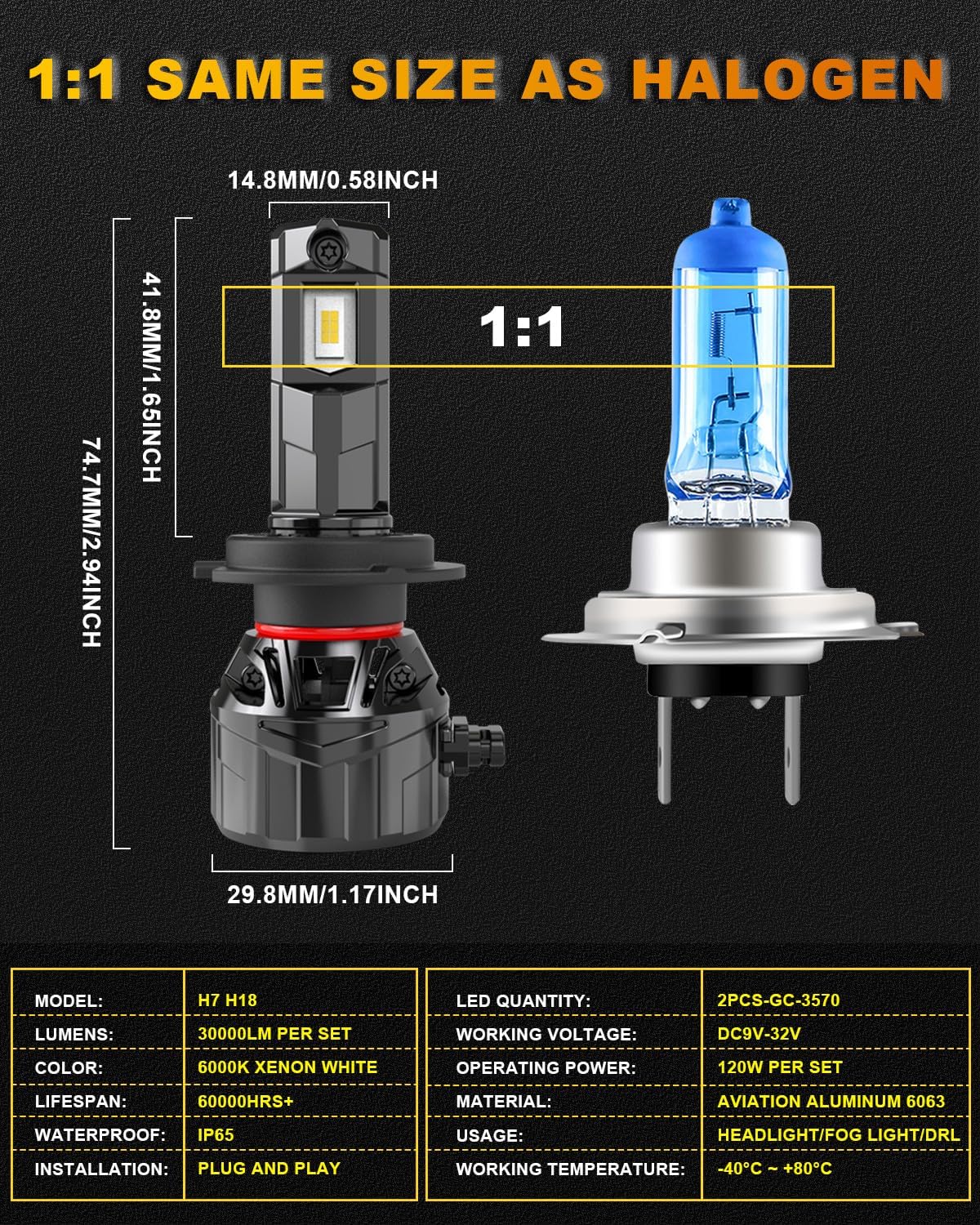 KATUR H7 LED Scheinwerferbirne 120W 30000LM, 700% Helligkeit H7 LED Birne 6000K Xenon Weiß Plug and Play 1:1 Mini Größe High Efficiency Kühlsystem Canbus H7 Scheinwerferbirnen, Satz von 2