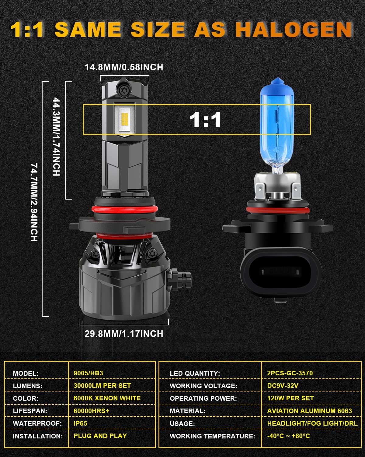 KATUR HB3 LED Headlight Bulb 120W 30000LM, 700% Brightness 9005 LED Bulb 6000K Xenon White Plug and Play 1:1 Mini Size High Efficiency Cooling System Canbus 9005 HB3 Headlight Bulbs, Pack of 2