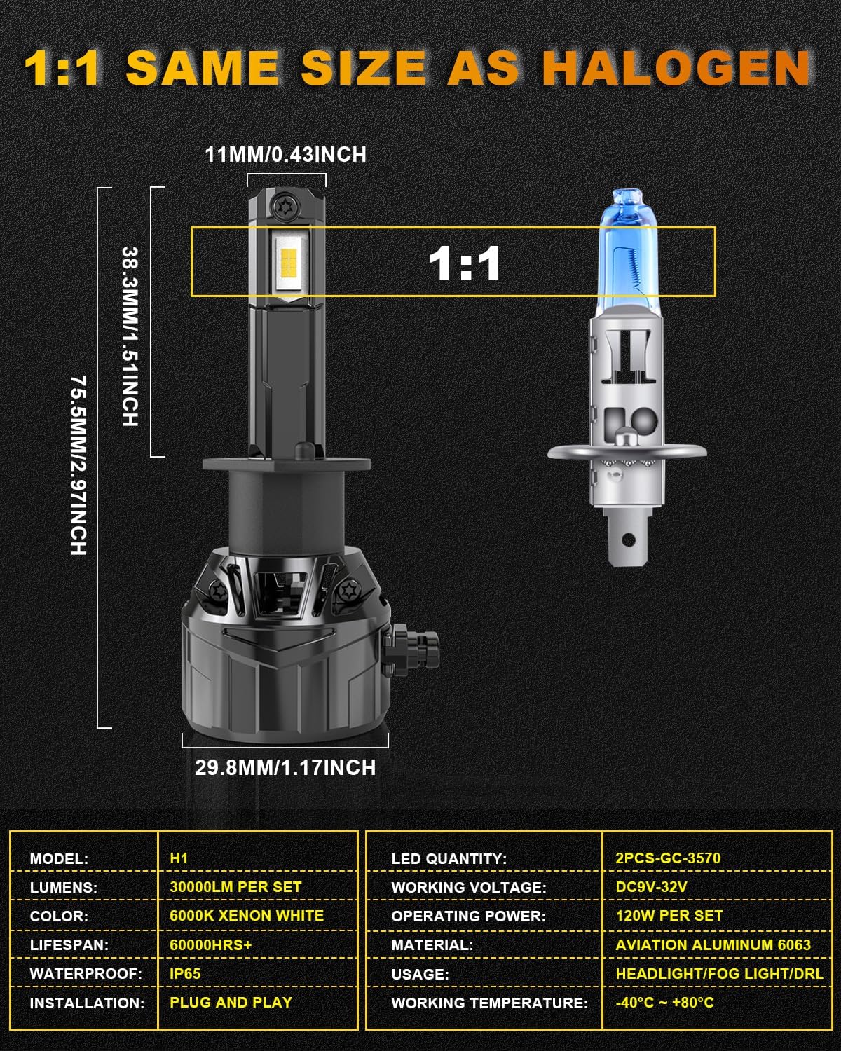KATUR H1 LED Scheinwerfer Glühbirne 120W 30000LM, 700% Helligkeit H1 LED Glühbirne 6000K Xenon Weiß Plug and Play 1:1 Mini Größe Hochleistungskühlsystem Canbus H1 Scheinwerfer Glühbirnen, Packung von 2