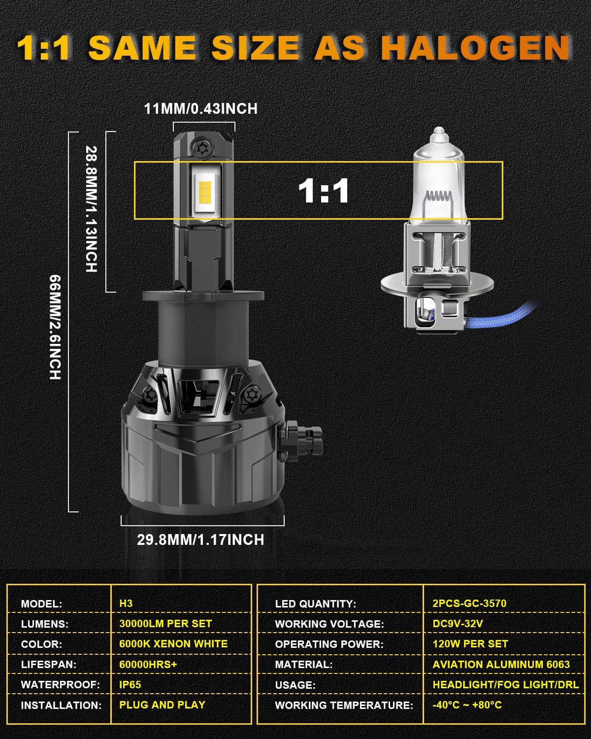 KATUR H3 LED Headlight Bulb 120W 30000LM, 700% Brightness H3 LED Bulb 6000K Xenon White Plug and Play 1:1 Mini Size High Efficiency Cooling System Canbus H3 Headlight Bulbs, Pack of 2