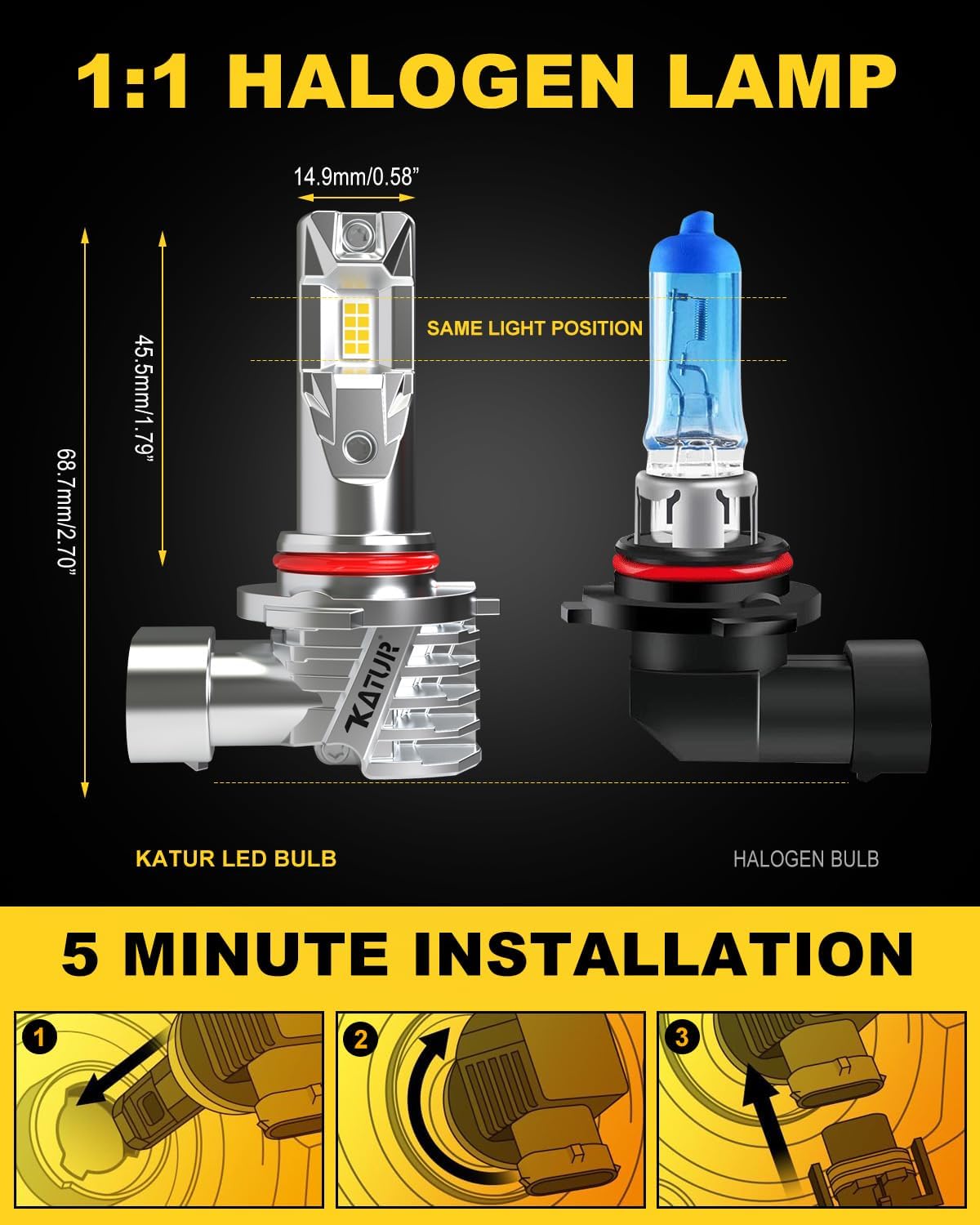 KATUR HB3 LED Headlight Bulbs, 9005 LED Bulb 16000LM 6000K White 500% Brightness Fanless Waterproof Mini Size Plug and Play Conversion Kit Halogen Replacement, Pack of 2