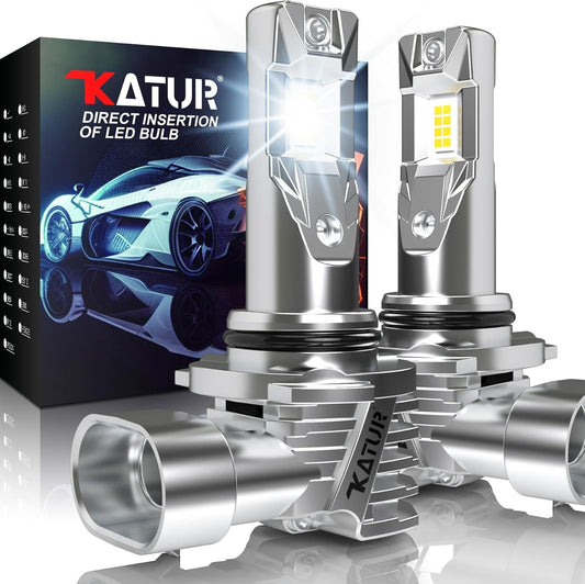 KATUR HB4 LED Headlight Bulbs, 9006 LED Bulb 16000LM 6000K White 500% Brightness Fanless Waterproof Mini Size Plug and Play Conversion Kit Halogen Replacement, Pack of 2