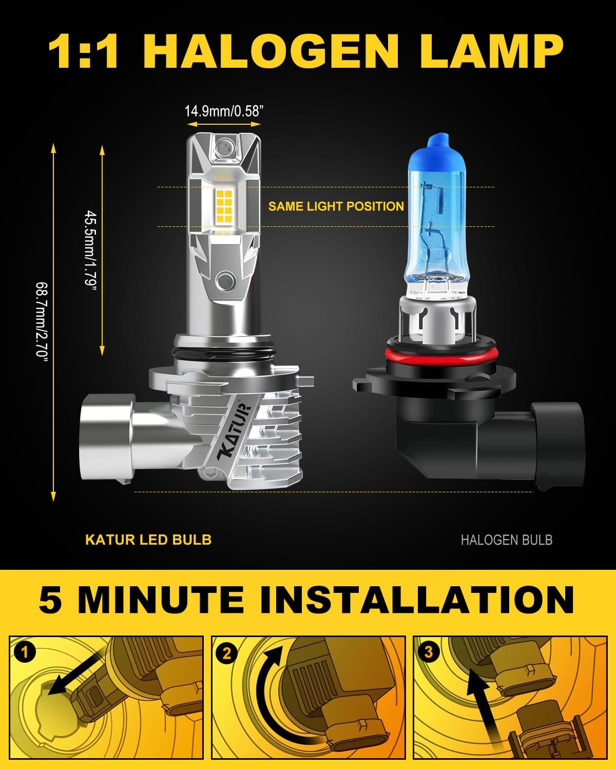 KATUR HB4 LED Headlight Bulbs, 9006 LED Bulb 16000LM 6000K White 500% Brightness Fanless Waterproof Mini Size Plug and Play Conversion Kit Halogen Replacement, Pack of 2