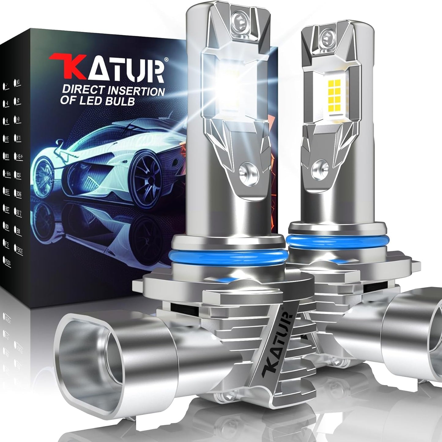 KATUR HIR2 LED Headlight Bulbs, 9012 LED Bulb 16000LM 6000K White 500% Brightness Fanless Waterproof Mini Size Plug and Play Conversion Kit Halogen Replacement, Pack of 2