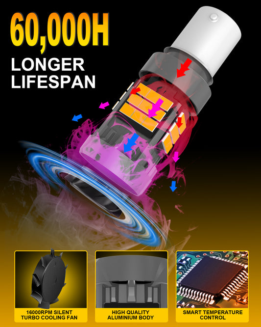 KATUR 2pcs 1156 BA15S LED Canbus 500% Brightness 3000LM 6000K Xenon White with Cooling Fan LED 7506 P21W Reverse Lights Rear Fog Lights Turn Signal Lights