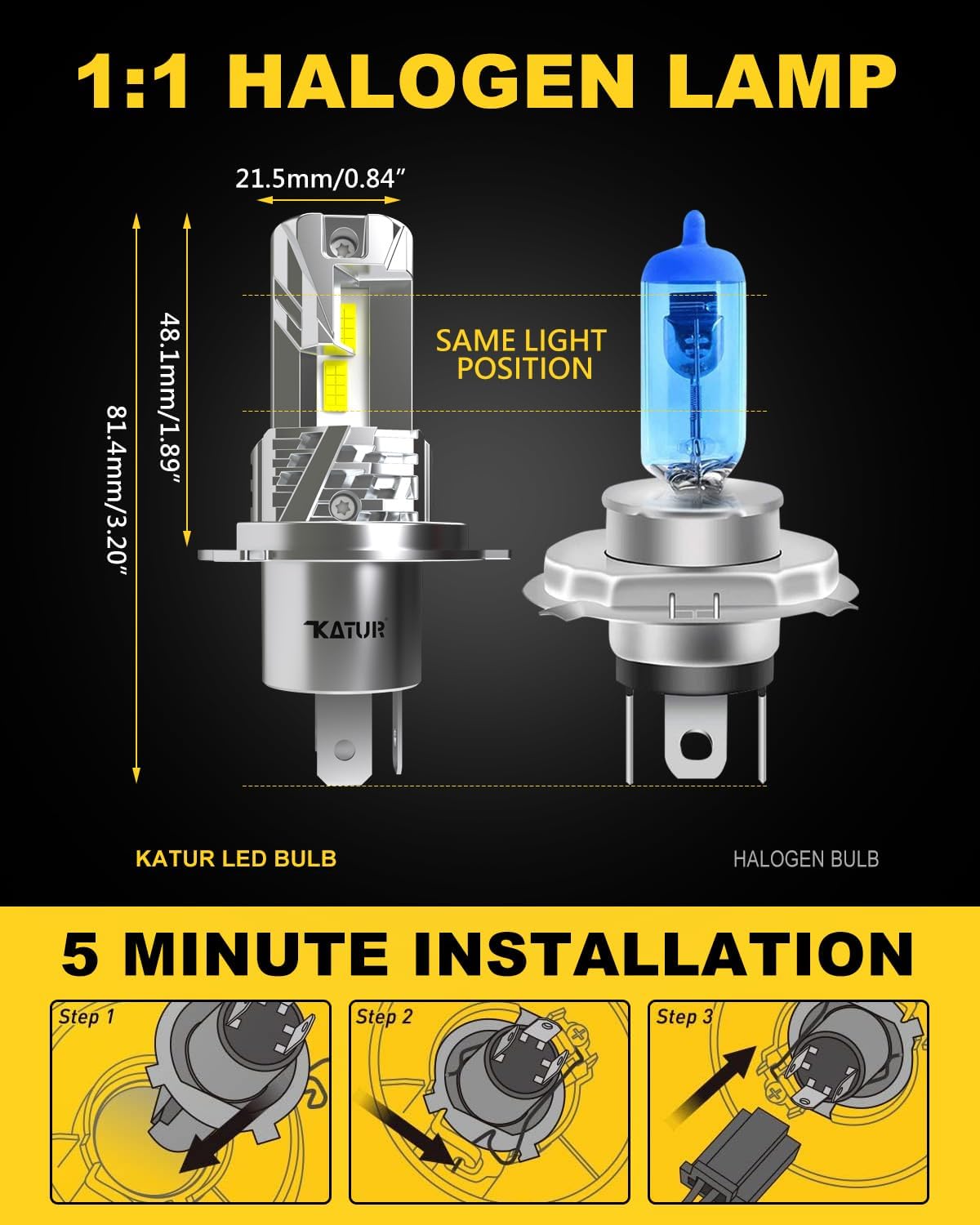 KATUR H4 LED Headlight Bulbs, 9003 HB2 Hi/Lo Beam LED Bulb 16000LM 6000K White 500% Brightness Fanless Waterproof Mini Size Plug and Play Conversion Kit Halogen Replacement, Pack of 2