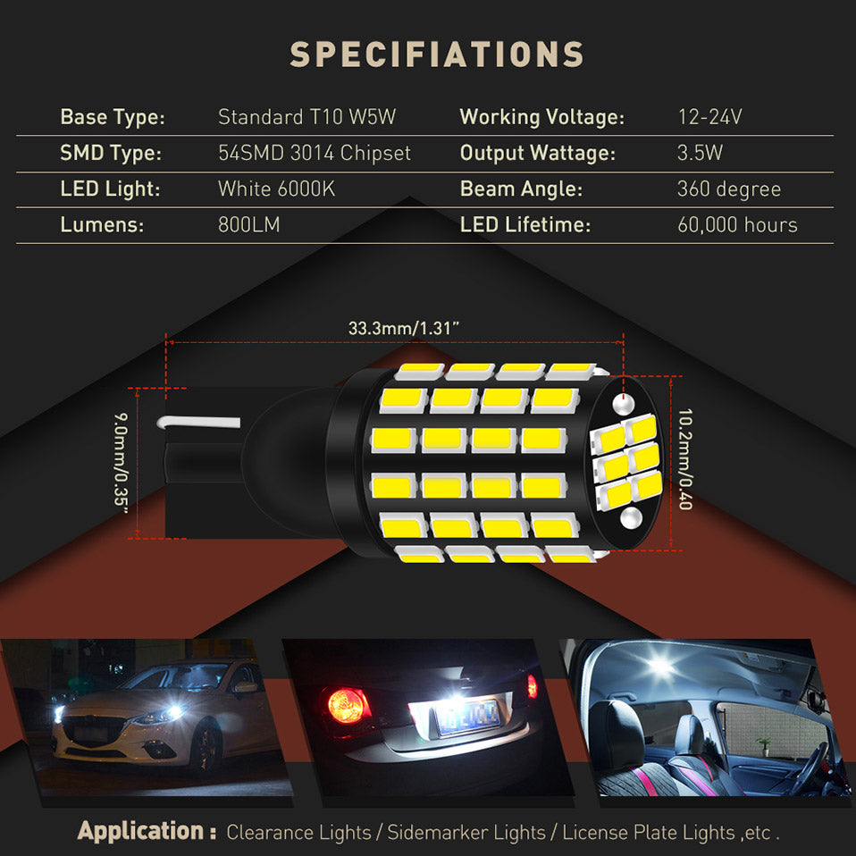 T10 W5W LED Canbus bulb 168 194 3014 SMD Wedge Parking Light License Plate Light Clearance Lights Reading Lamps White 12V