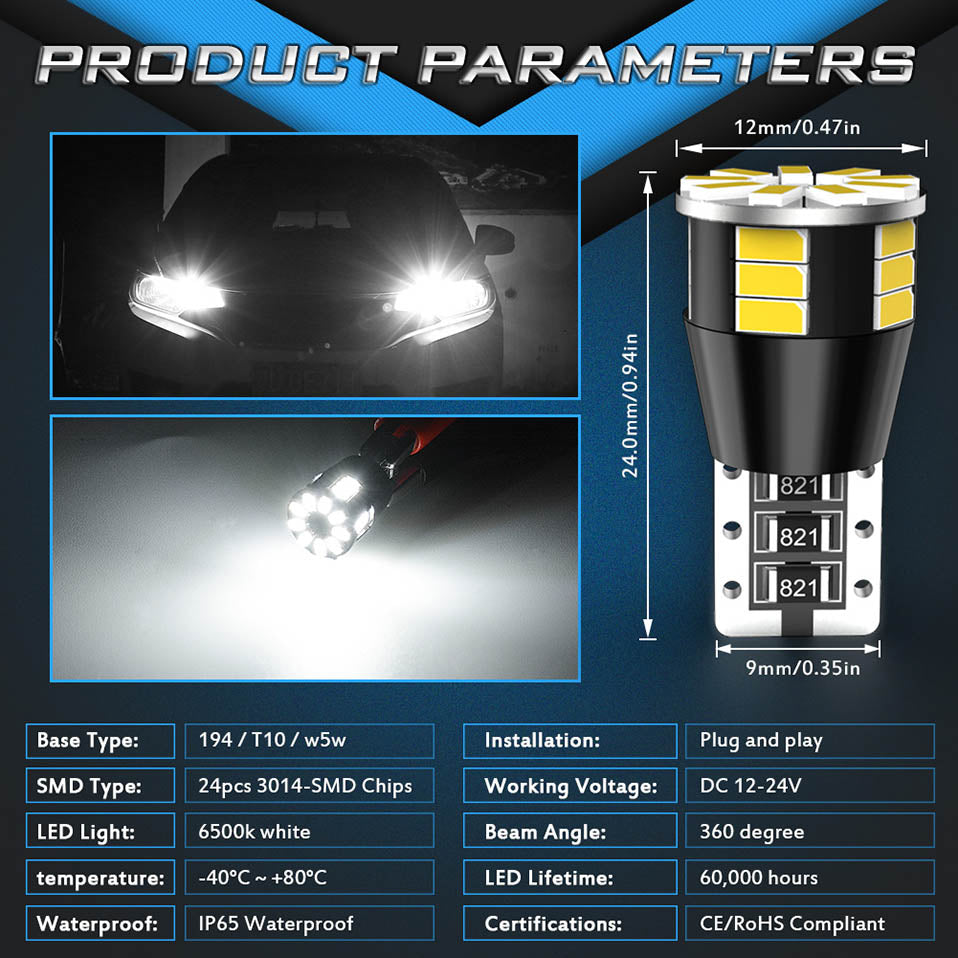 Katur Wholesale T10 W5W led bulbs 3014 SMD 194 168 Led Replacement Reverse Instrument Panel Lamp Clearance Lights White Amber Blue Red 12V