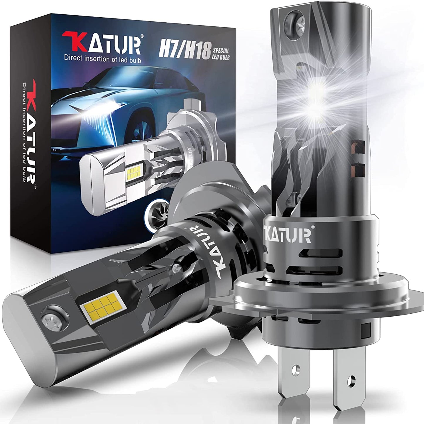 KATUR H7 LED Headlight Bulbs, 80W 16000LM 6000K Xenon White Wireless H7 Headlight Car Conversion Kit Halogen Replacement Bulb Mini Size