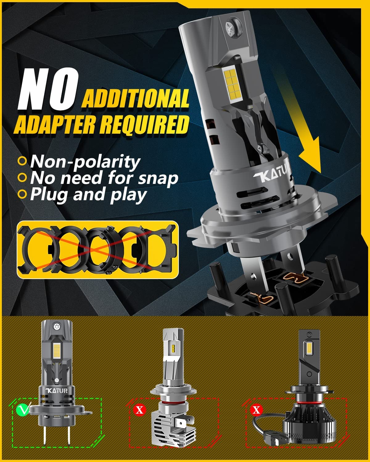KATUR H7 LED Headlight Bulbs, 80W 16000LM 6000K Xenon White Wireless H7 Headlight Car Conversion Kit Halogen Replacement Bulb Mini Size