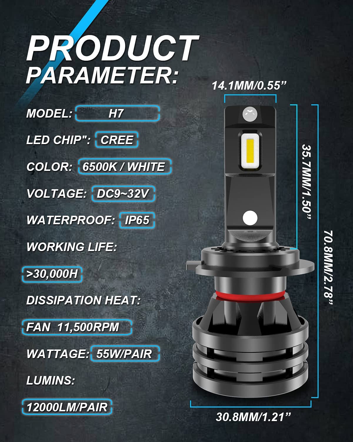 KaTur H7 Led Headlight Bulbs Mini Design Upgraded CREE Chips Extremely Bright 12000 Lumens Waterproof All-in-One LED Headlight Conversion Kit 55W 6500K Xenon White-2 Years Waranty