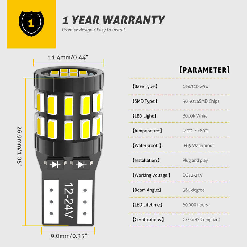 Katur W5W T10 LED Canbus Bulbs Error Free Auto Trunk Lamp 12V White Blue Red Orange Color Car Clearance Parking Lights Reading