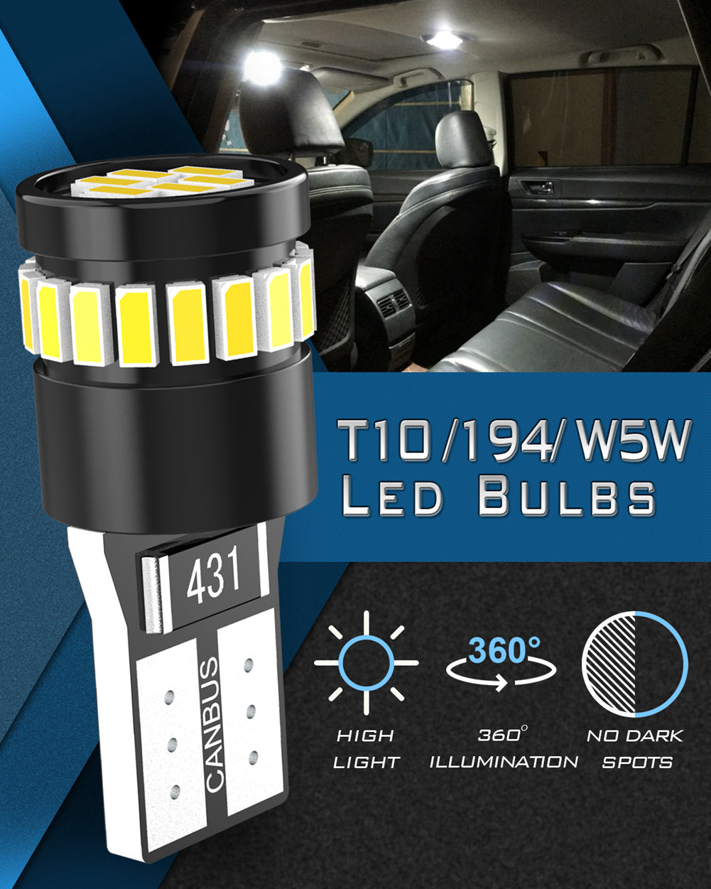 Katur Canbus W5W T10 LED Bulbs For Car Parking Position Lights Interior Map Dome Lights 12V White Auto Lamp(4pcs)