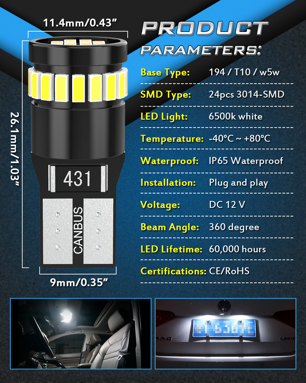 Katur Canbus W5W T10 LED Bulbs For Car Parking Position Lights Interior Map Dome Lights 12V White Auto Lamp(4pcs)