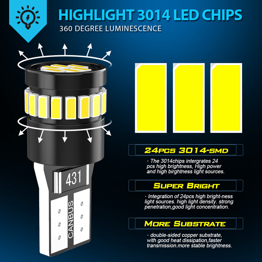 Katur W5W T10 Led Bulb 194 168 Car Parking Light Interior Lamp Canbus Map Lights(10PCS)