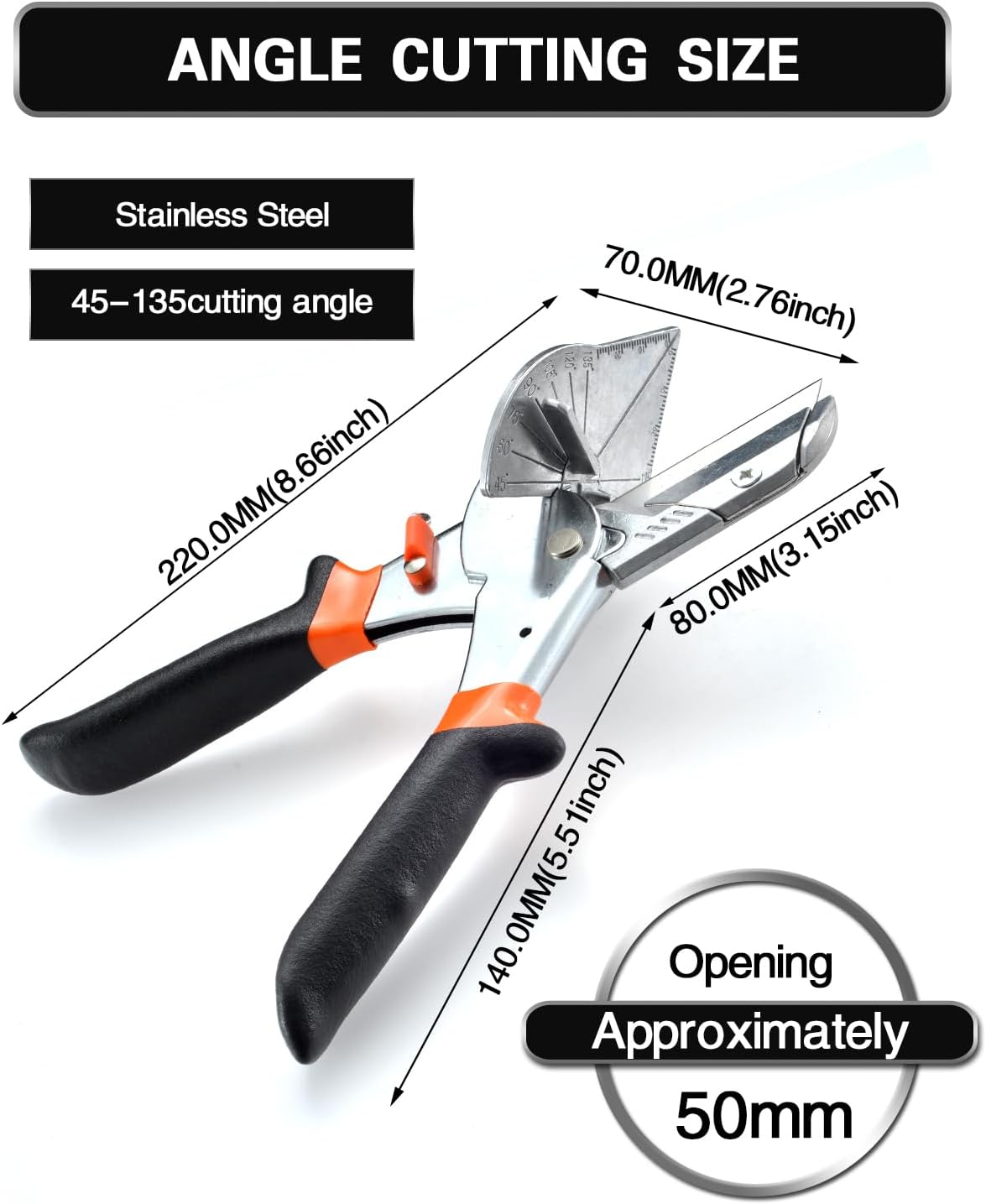 Multifunction Trunking Scissors, 45°-135° Multi-Angle Mitre Scissors, Quarter Round Cutting Tool for Cutting PVC PPR PE Pipes, Branches, Wires, Including Spare Blades