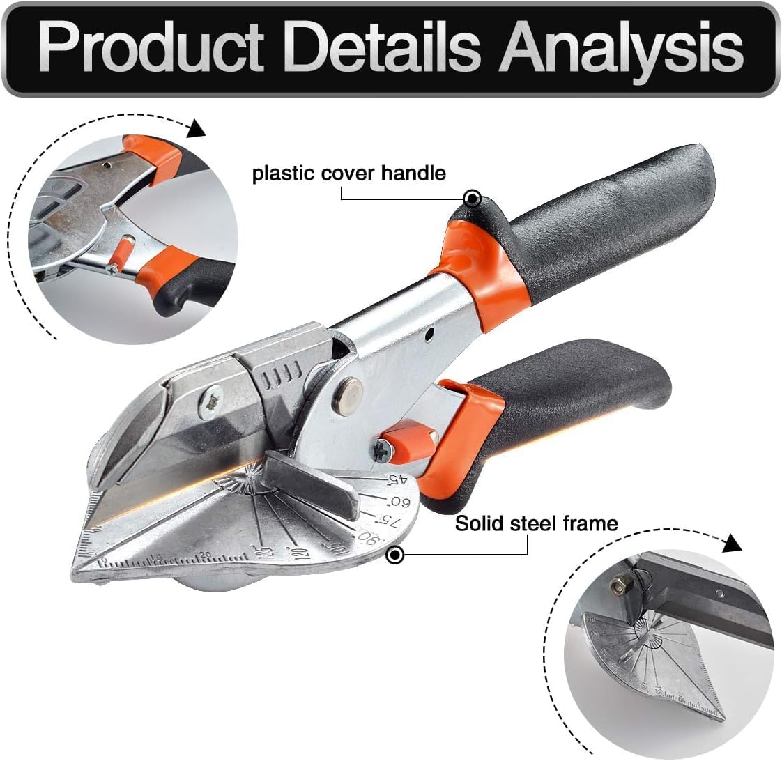 Multifunction Trunking Scissors, 45°-135° Multi-Angle Mitre Scissors, Quarter Round Cutting Tool for Cutting PVC PPR PE Pipes, Branches, Wires, Including Spare Blades