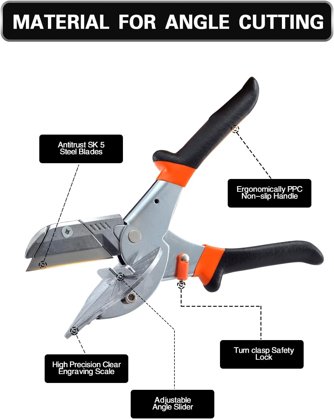 Multifunction Trunking Scissors, 45°-135° Multi-Angle Mitre Scissors, Quarter Round Cutting Tool for Cutting PVC PPR PE Pipes, Branches, Wires, Including Spare Blades