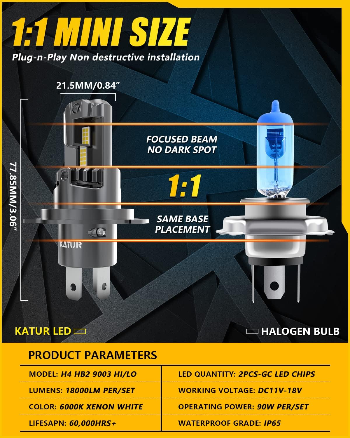 KATUR H4 LED Headlight Bulbs Hi/Lo Beam 18000LM 6000K Xenon White 1:1 Mini Size All-in-One Conversion Kit Non-Polarity Plug and Play 9003 HB2 LED Fog Light Bulb, Pack of 2