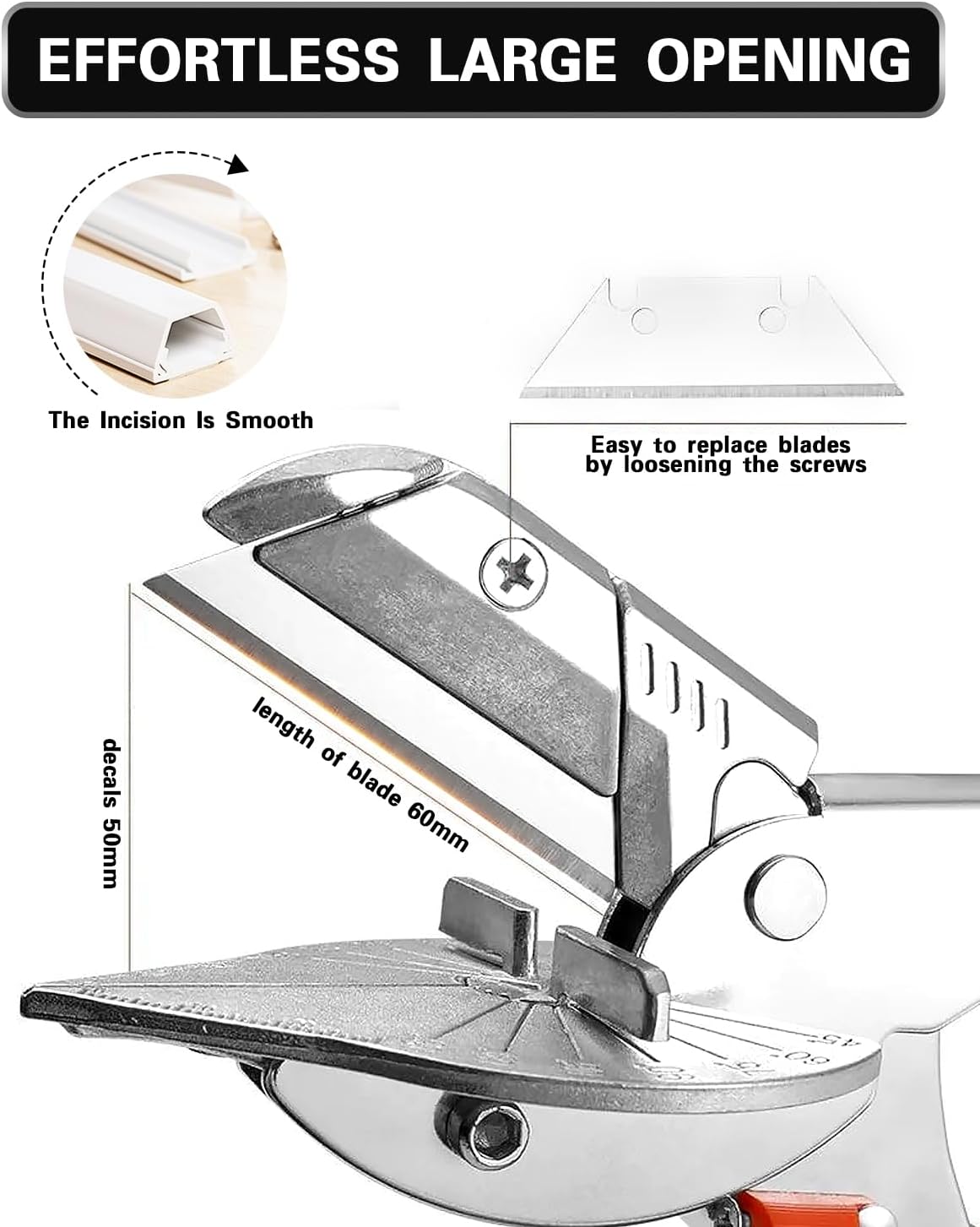 Multifunction Trunking Scissors, 45°-135° Multi-Angle Mitre Scissors, Quarter Round Cutting Tool for Cutting PVC PPR PE Pipes, Branches, Wires, Including Spare Blades