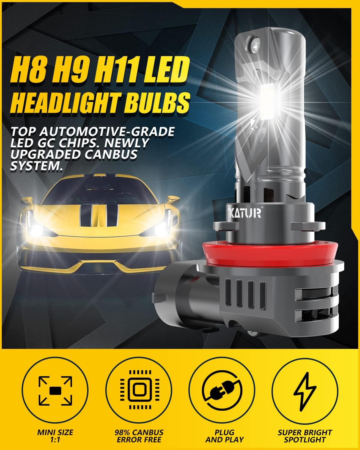 KATUR H11 LED Headlight Bulbs 20000LM 6000K Xenon White 1:1 Mini Size All-in-One Conversion Kit Plug and Play H9 H8 LED Fog Light Bulb, Pack of 2