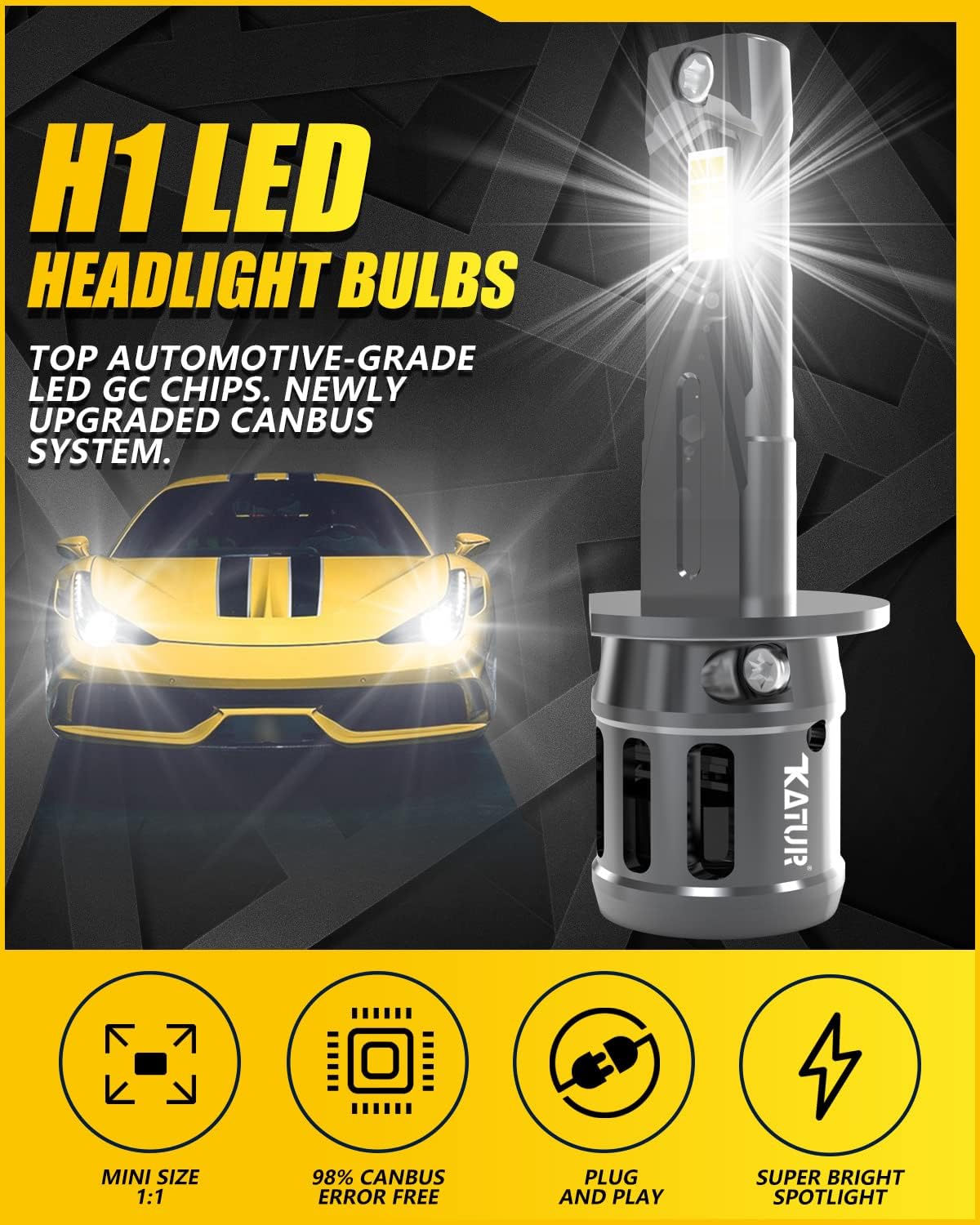 KATUR H1 LED Headlight Bulbs, 400% Brightness 16000LM 6000K Xenon White 1:1 Mini Size All-in-One Conversion Kit Plug and Play H1 LED Fog Light Bulbs, Pack of 2