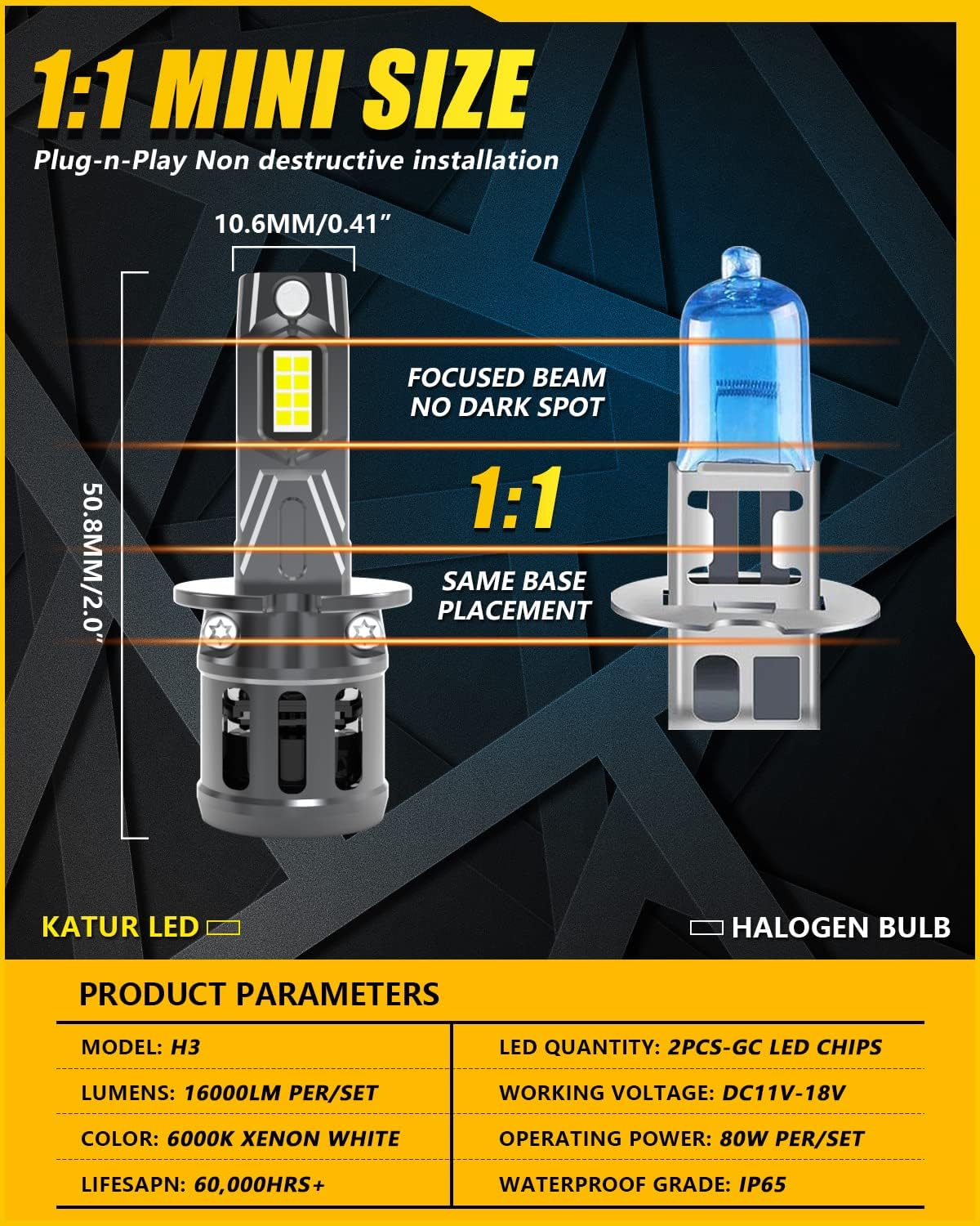 KATUR H3 LED Car Headlight Bulbs White 1:1 Mini Size All-in-One Conversion Kit plug and Play H3 LED Fog Light Bulbs