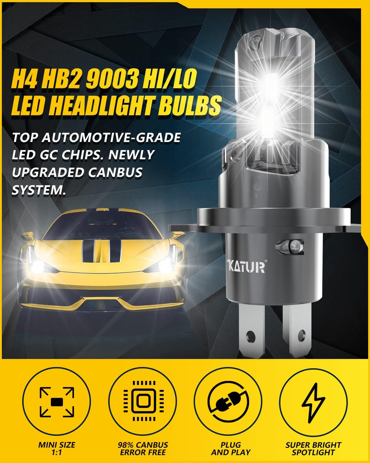 KATUR H4 LED Headlight Bulbs Hi/Lo Beam 18000LM 6000K Xenon White 1:1 Mini Size All-in-One Conversion Kit Non-Polarity Plug and Play 9003 HB2 LED Fog Light Bulb, Pack of 2