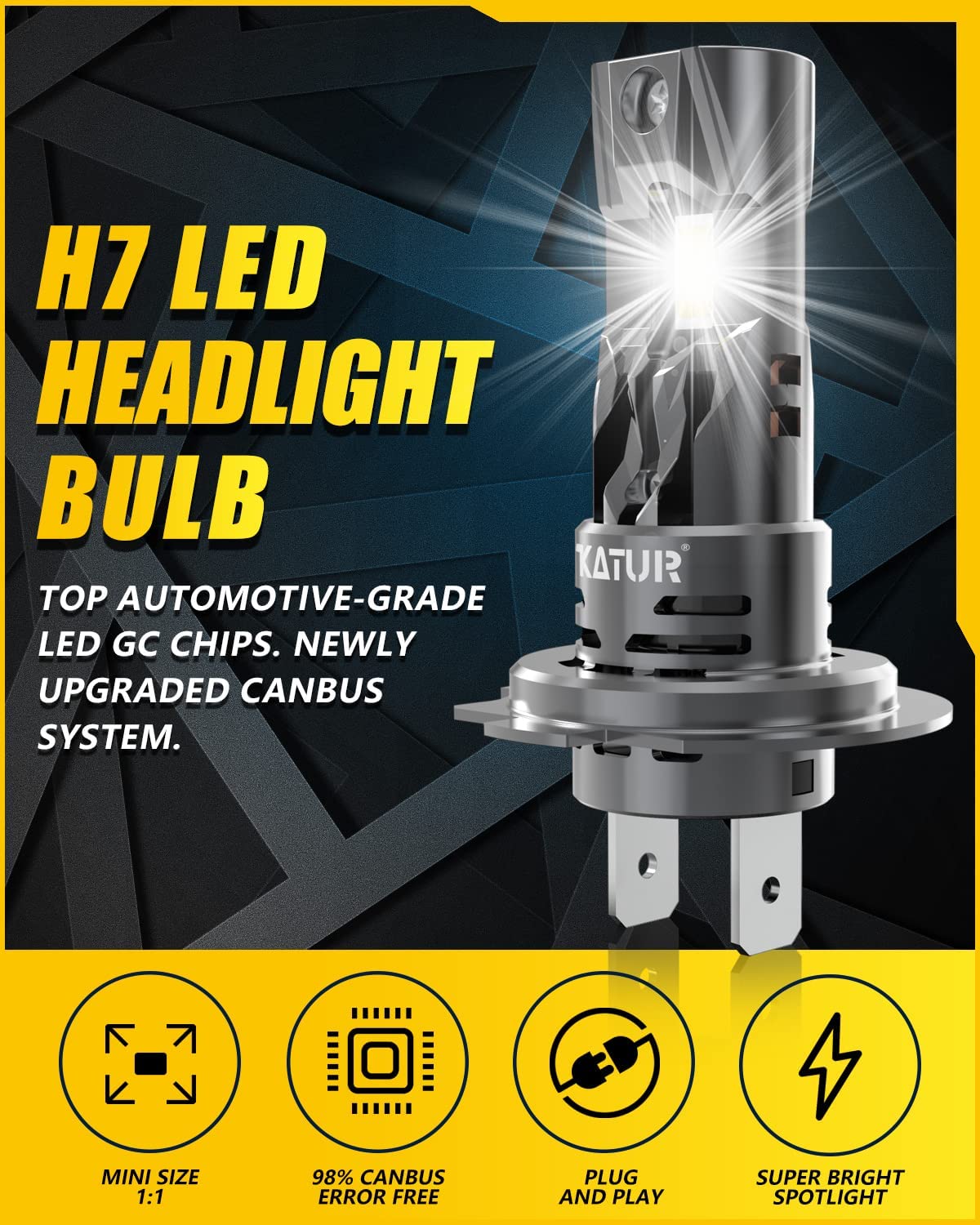 KATUR H7 LED Headlight Bulbs, 80W 16000LM 6000K Xenon White Wireless H7 Headlight Car Conversion Kit Halogen Replacement Bulb Mini Size