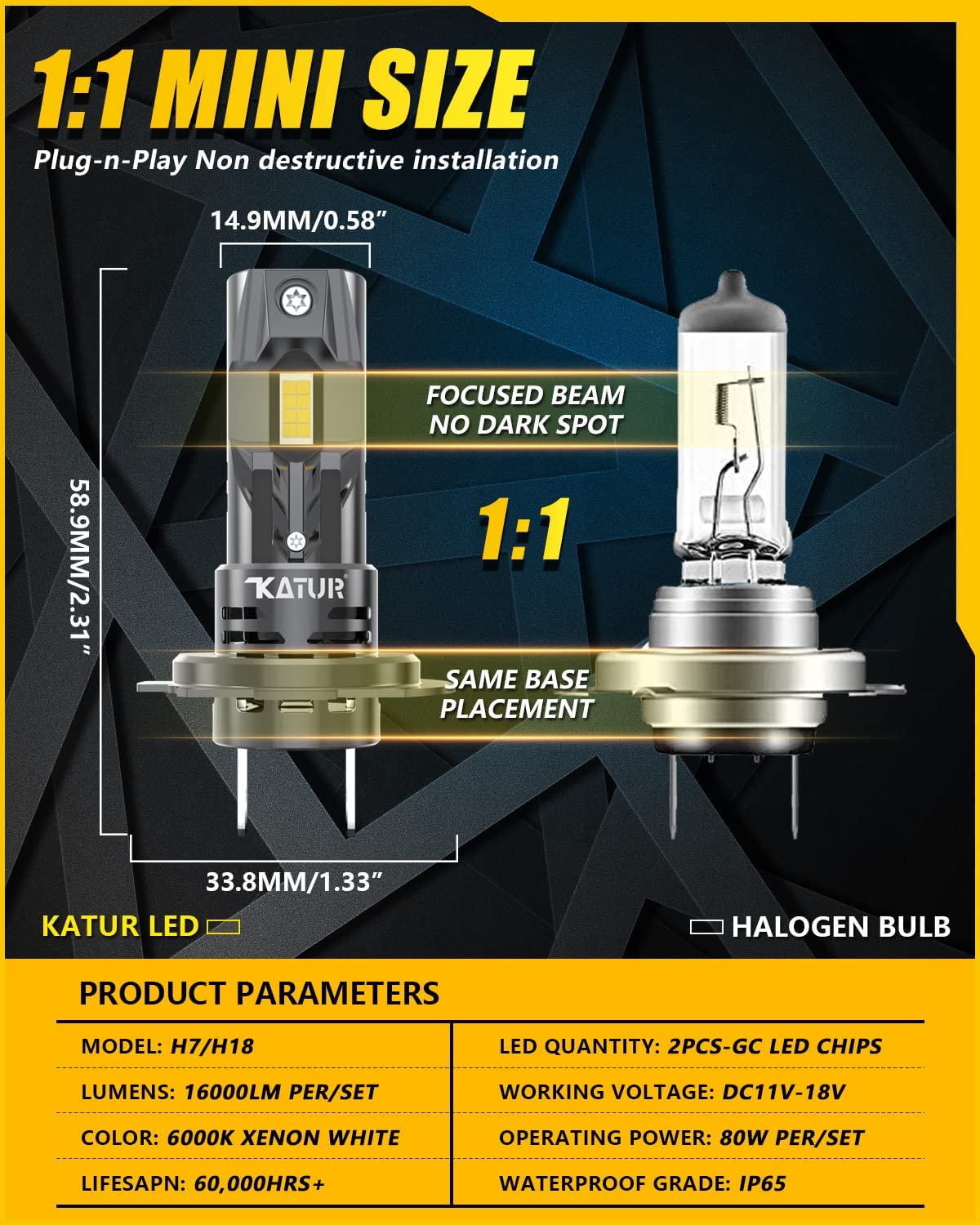 KATUR H7 LED Headlight Bulbs, 80W 16000LM 6000K Xenon White Wireless H7 Headlight Car Conversion Kit Halogen Replacement Bulb Mini Size